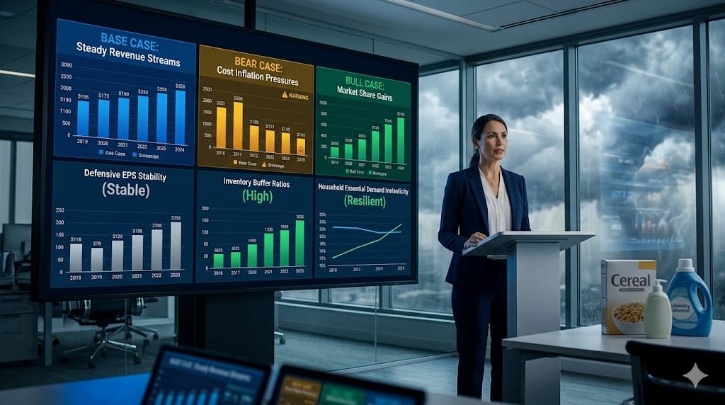  Composed CPG IR leader presenting volatility-adjusted forecasts to institutional investors via digital dashboard showing resilient earnings, scenario stress tests, and consumer staples defensive metrics amid market turbulence.