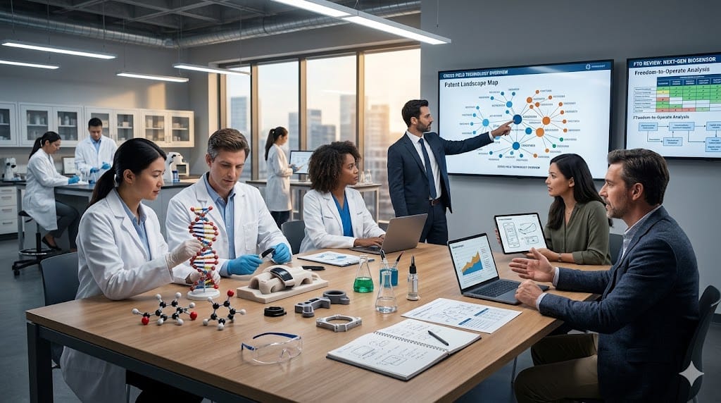 Cross-functional teams from R&D, product, and business development collaborating on innovation and freedom-to-operate strategy.