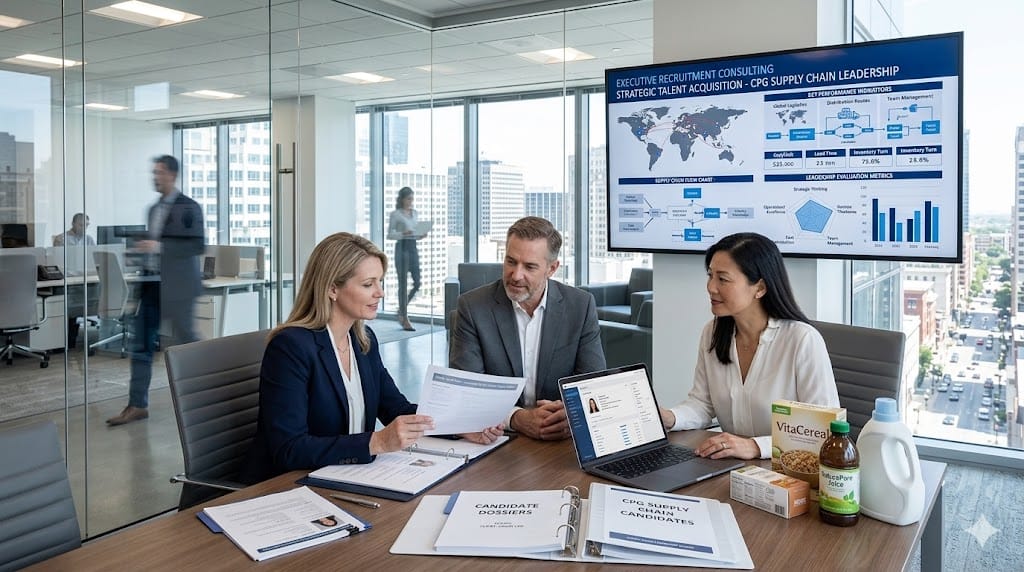 Executive search consultants discussing supply chain leadership hiring strategy with logistics charts and candidate profiles