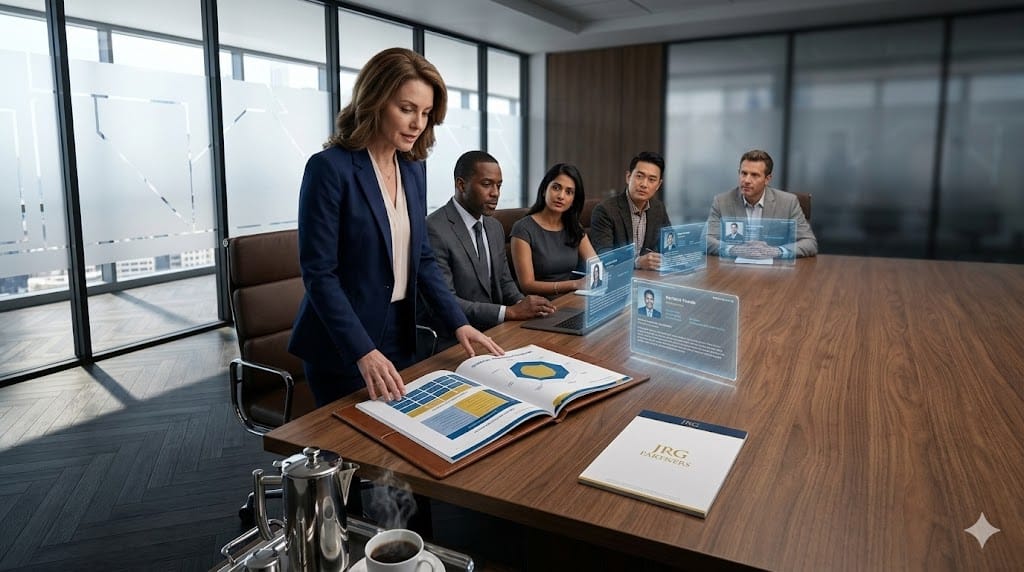 Realistic portrayal of a JRG Partners consultant presenting the elite talent assessment playbook to executives during a high-stakes strategy session. ​ 