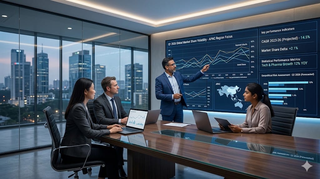 Executives reviewing market insights and statistical data dashboards in a modern corporate analytics environment.