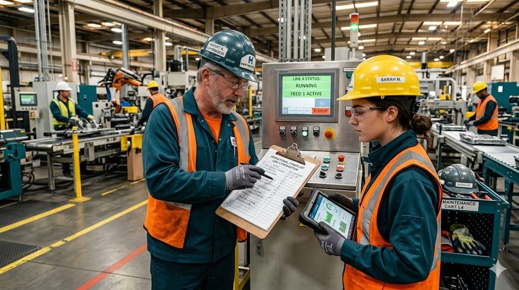 Senior engineer mentoring junior employee in manufacturing plant with operational checklist and machines running in background