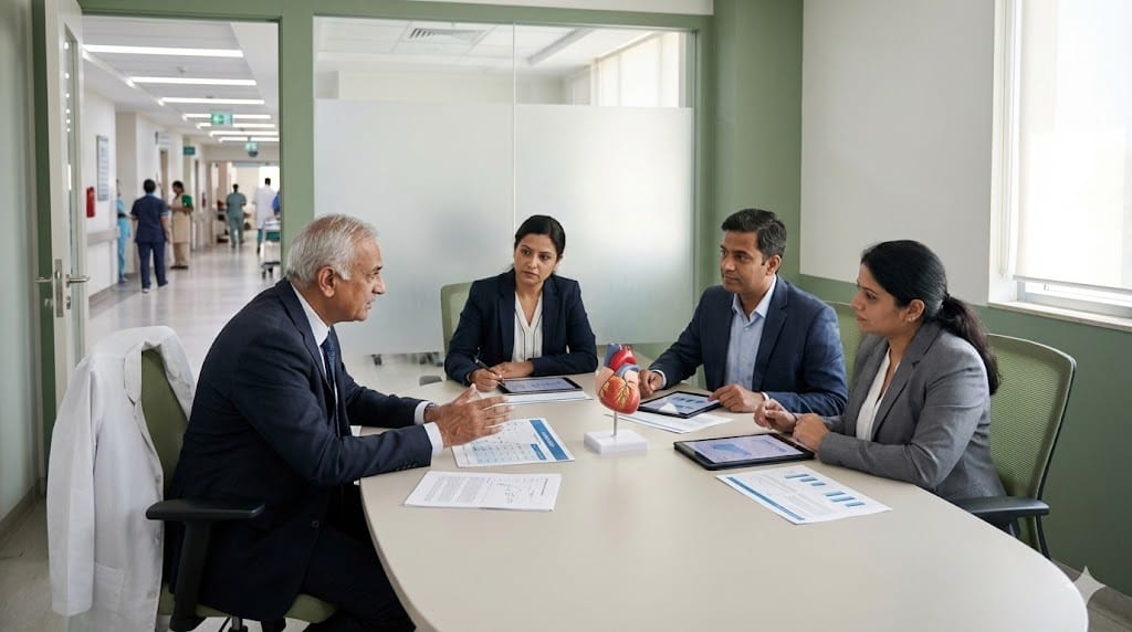Medical device executive meeting with key opinion leader physician and hospital procurement committee in a clinical conference room setting.