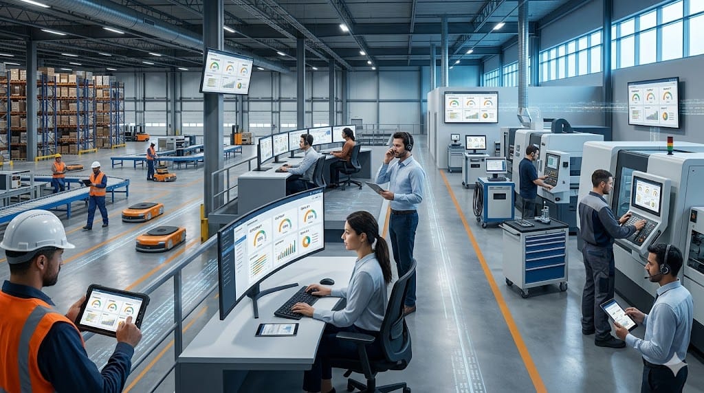 Multiple teams coordinating through unified performance indicators across interconnected operational environments, illustrating KPI frameworks aligning portfolio companies
