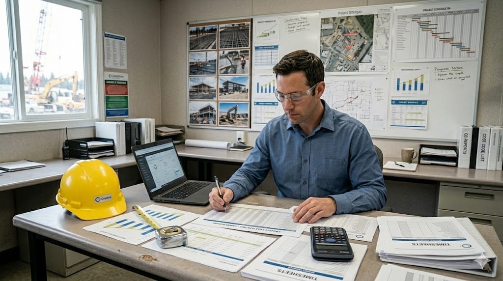 Construction manager reviewing labor reports and cost calculations at desk
