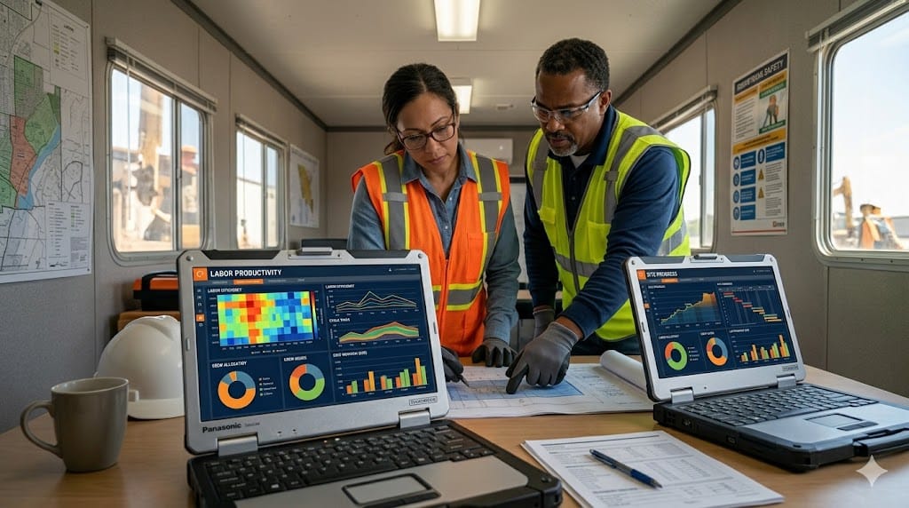 construction supervisors analyzing labor productivity metrics and crew optimization data on digital dashboards at a site management trailer.