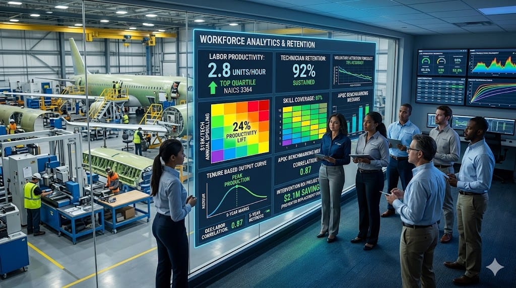 aerospace manufacturing leaders analyzing labor productivity metrics alongside technician retention models, showing live dashboards correlating 2.8 labor units/hour with 92% voluntary retention, upskilling ROI curves, and predictive attrition models in a high-tech workforce optimization center