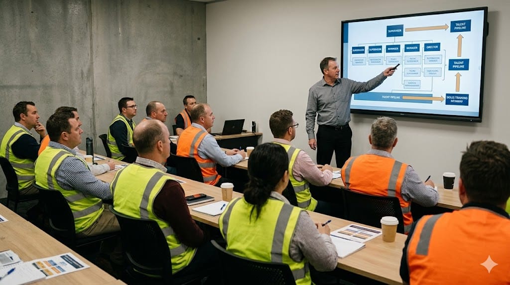 Supervisors attending training session with organizational chart on screen