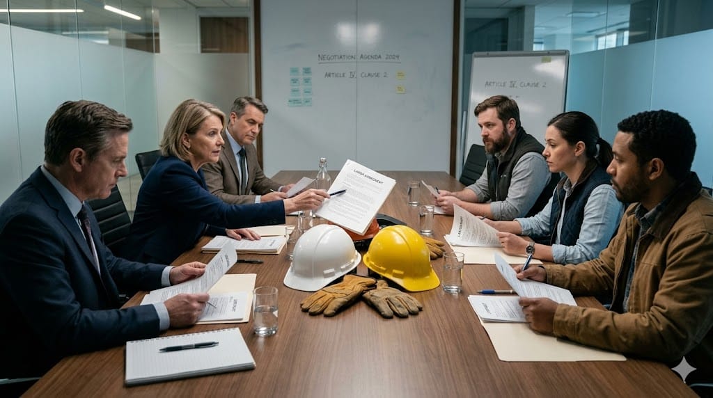 Management and union representatives negotiating contract at conference table