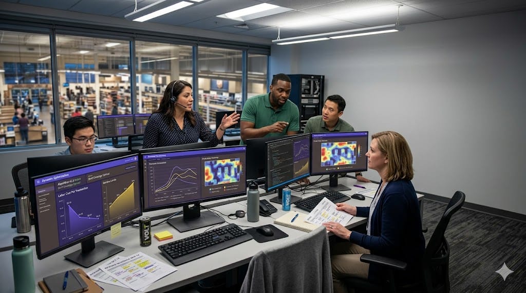 retail operations leaders analyzing labor productivity and AI-optimized scheduling dashboards in a modern command center.