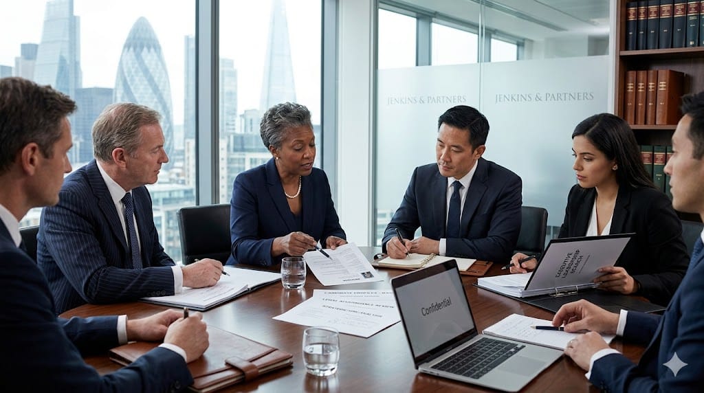 Senior executives in a modern law firm office conducting an executive search discussion for a managing partner role, reviewing documents and candidate profiles.