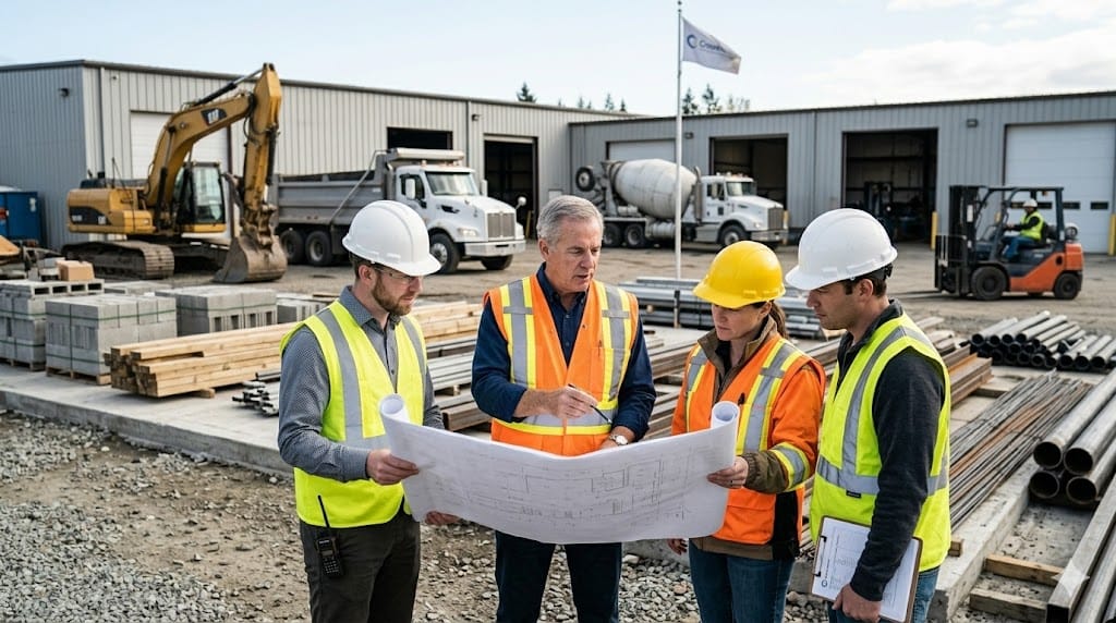 Senior construction leader mentoring supervisors during outdoor training session