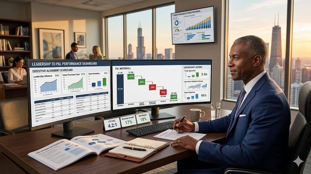 CPG executive analyzing integrated leadership dashboard linking strategic decisions to P&L outcomes, with executive scorecards showing cross-functional KPI alignment driving margin expansion and revenue acceleration.