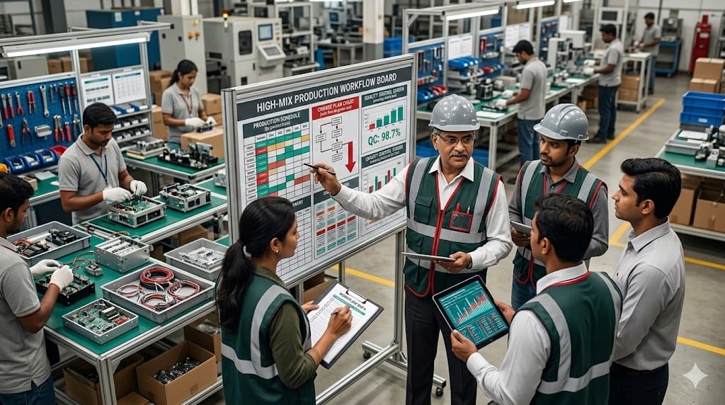 Manufacturing leader guiding team through complex high-mix production line with multiple product types