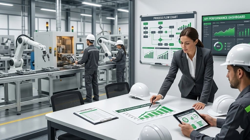 Lean Six Sigma leadership recruitment concept with process improvement chart, manufacturing team discussion, and quality control dashboard