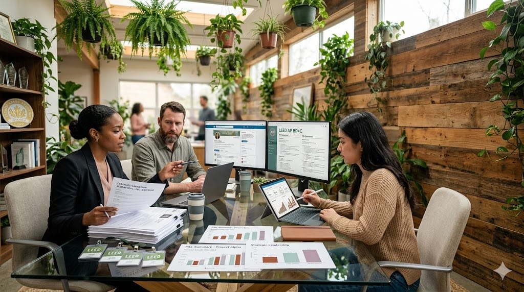 recruiters sourcing LEED AP candidates with P&L experience through strategic talent review in a modern sustainable office.