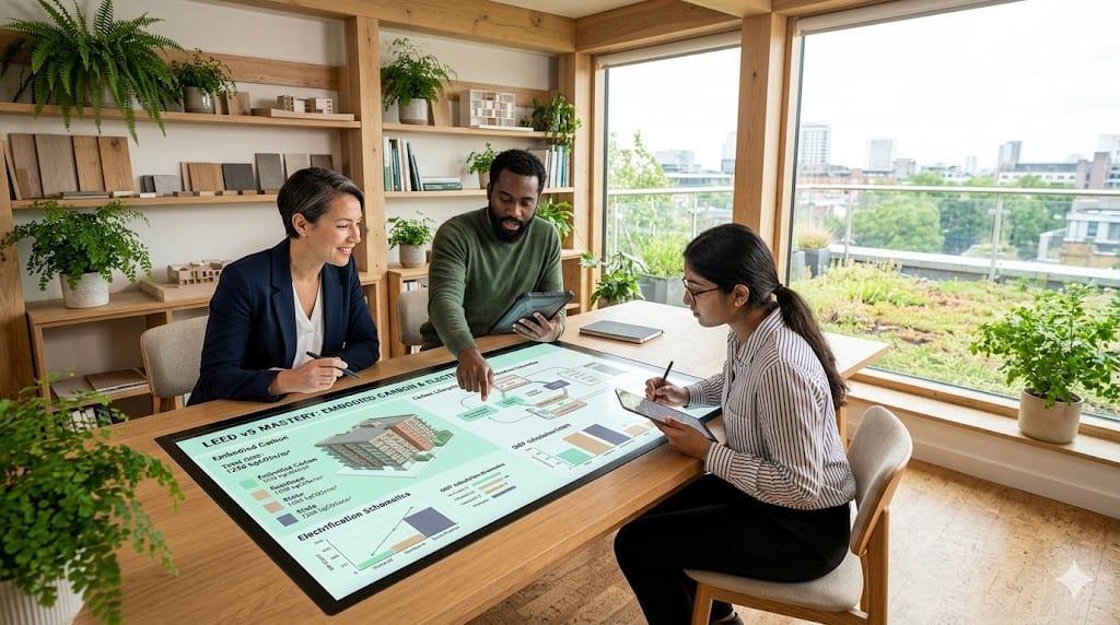 LEED v5 experts analyzing decarbonization models and embodied carbon data in a sustainable design studio.