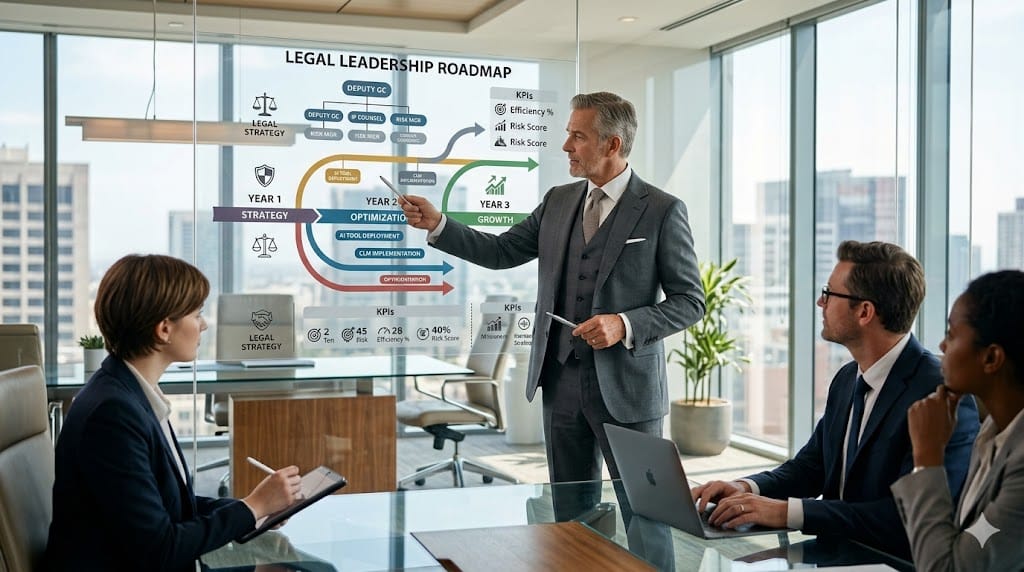 Chief legal officer creating a strategic legal leadership roadmap on a digital board with charts, timelines, and team planning in a modern office