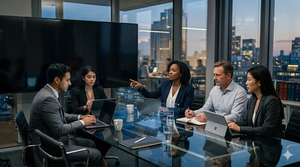 Corporate legal operations team analyzing cycle time and cost per matter metrics on a digital dashboard in a modern office environment