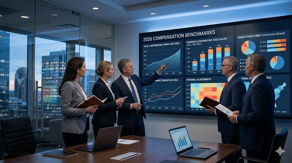 In-house legal executives reviewing 2026 salary data and compensation benchmarks on advanced analytics dashboards.