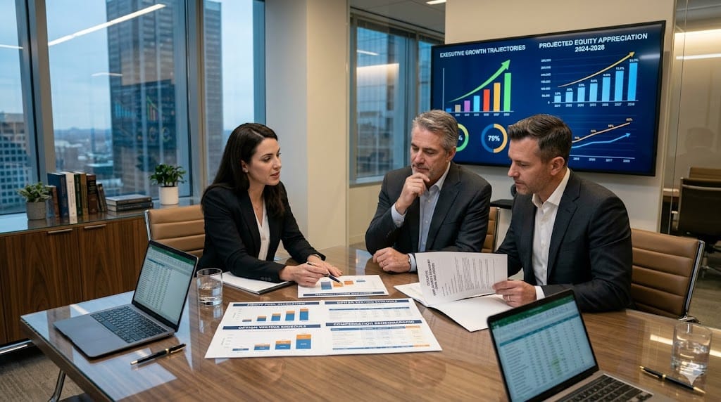 Early-stage legal professional discussing compensation, equity, and career growth with executives in a modern corporate setting.