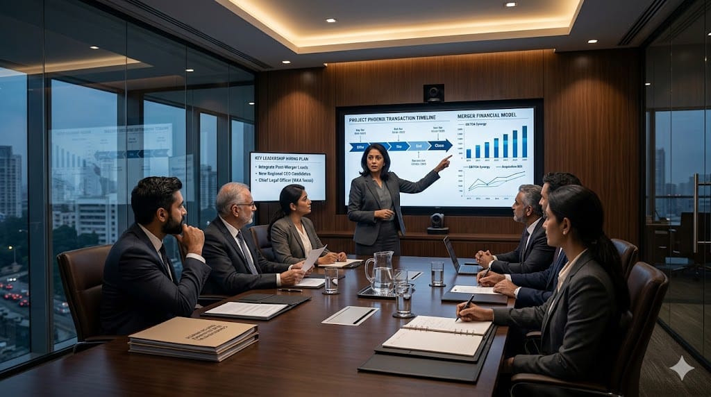 Executives and legal leaders reviewing merger and acquisition documents during a strategic hiring discussion.