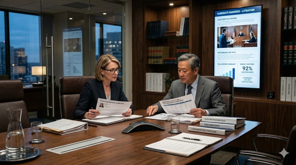 Executive recruiters evaluating top litigation partners through detailed case records and performance metrics in a high-end office.