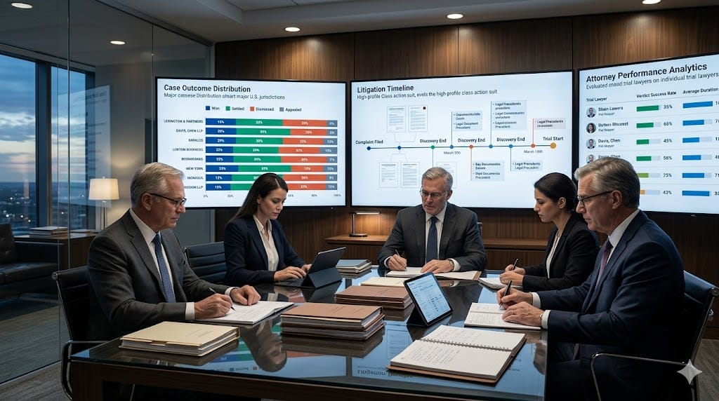 Legal professionals analyzing litigation case outcomes and performance metrics to assess practical litigation prowess