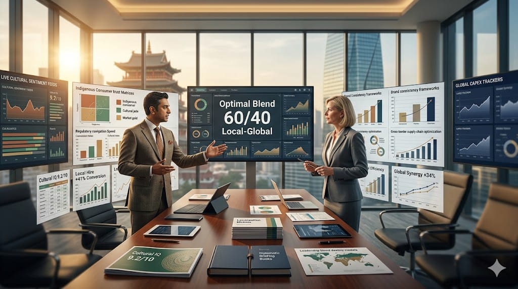 comparing local market CEO versus expat leader for international retail expansion, evaluating cultural intelligence against global scalability in strategic fusion room.