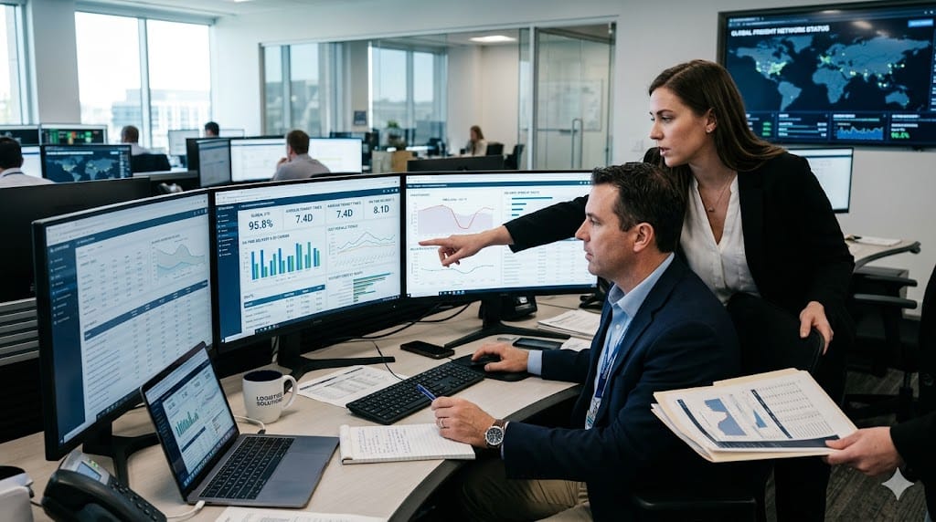 Manager analyzing logistics performance metrics for cost, service level, and delivery speed