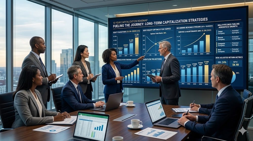 Realistic landscape photo of C-suite executives strategizing long-term capitalization in a sleek boardroom, analyzing multi-year funding pipelines, equity infusion graphs, and sustainable growth projections on large interactive financial displays overlooking city skyline.