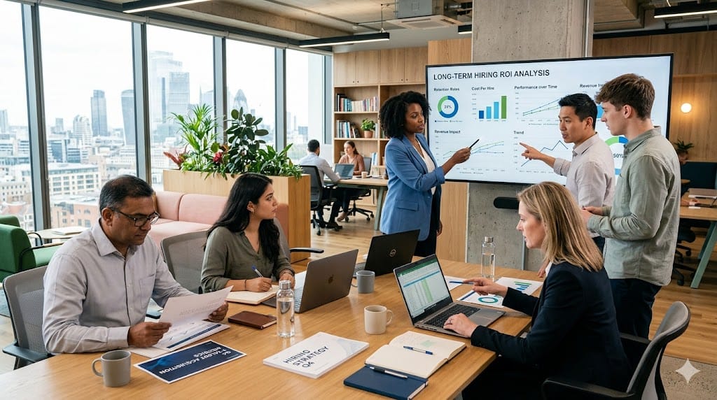 A diverse team of professionals evaluating the ROI of long-term hiring decisions using charts, graphs, and collaborative discussion in a modern office