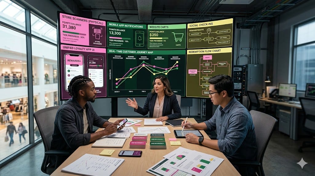 retail executives aligning loyalty program data across in-store, app, website, and social touchpoints using unified customer dashboards.
