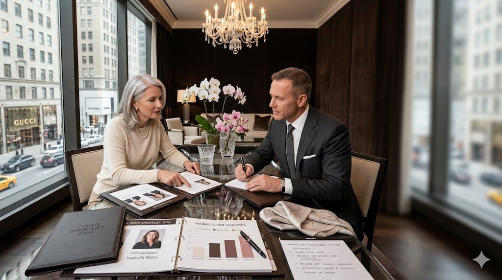 luxury brand executives and search partners evaluating premium talent profiles in elegant high-end recruitment consultation.