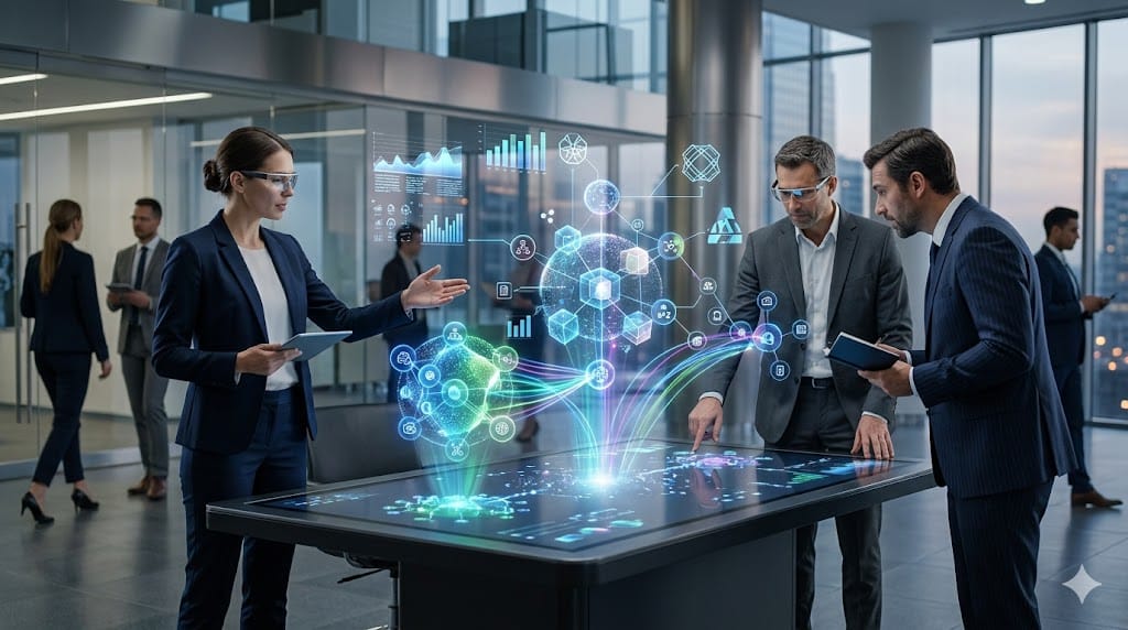 Executives visualizing M&A integration and synergy realization using interactive 3D digital dashboards in a modern corporate environment