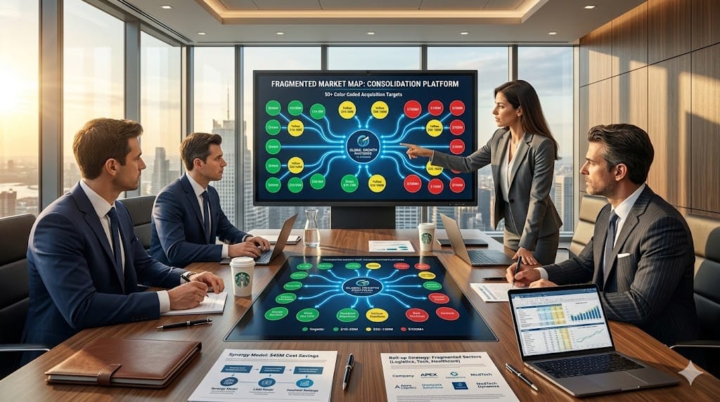 Corporate M&A executives in high-rise boardroom analyzing fragmented market acquisition targets on digital maps, with deal flow pipelines, valuation models, and synergy projections displayed across multiple screens.