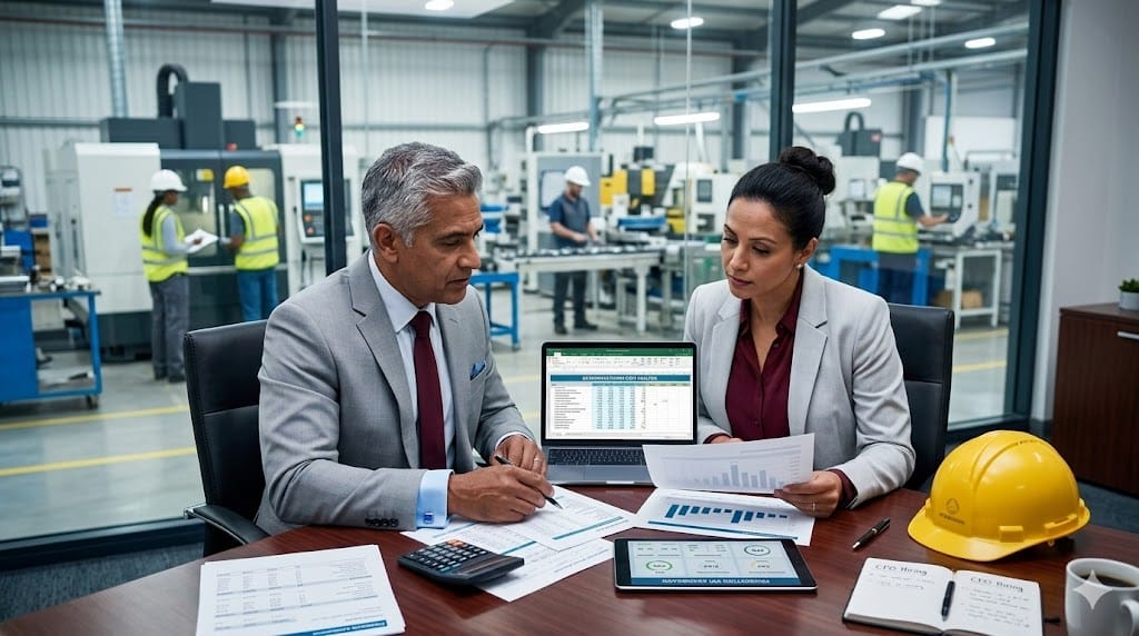 Manufacturing CFO hiring concept showing finance executive reviewing cost reports with factory production line in background