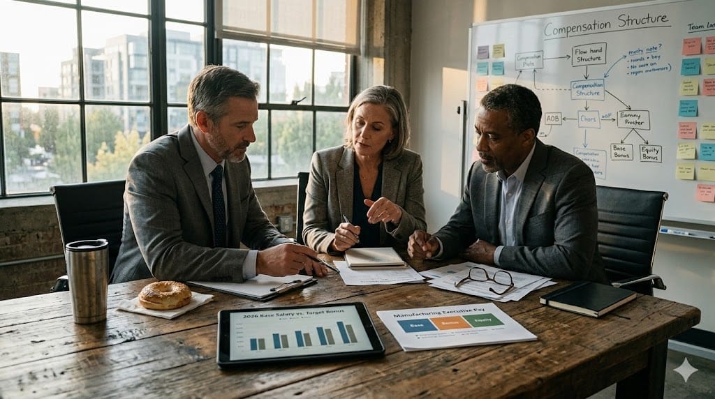 A realistic, eye-level shot of a modern, sunlit executive office where a diverse group of three professionals (two men, one woman) are gathered around a large wooden desk, reviewing a document titled "2026 Base Pay Structures." The scene includes a tablet showing a bar chart of "Base Salary vs. Target Bonus" and a printed "2026 Manufacturing Executive Pay" chart. The lighting is natural, with warm late-afternoon light highlighting the texture of the paper and the focused expressions of the team. The palette should be warm and professional: muted browns, soft blues, and warm wood tones.