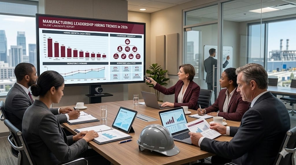 Business analysts presenting 2026 manufacturing executive talent report with industry charts and workforce data