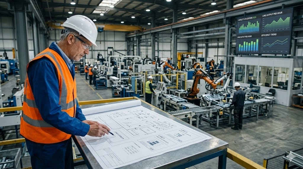 Industrial engineer reviewing factory layout and capacity utilization data in large manufacturing plant with multiple production lines