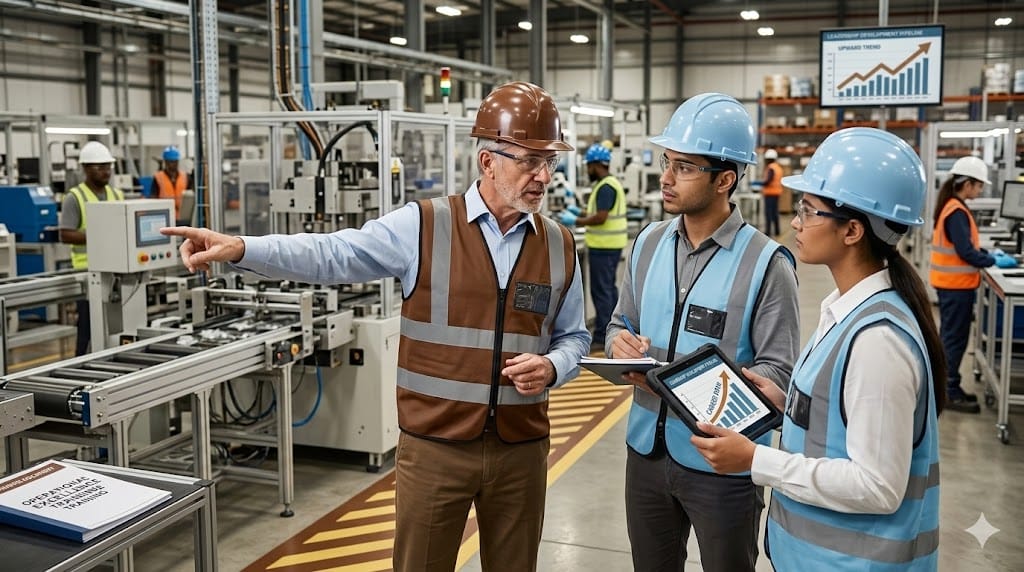 Senior manufacturing leader mentoring young engineers on factory floor representing future leadership pipeline