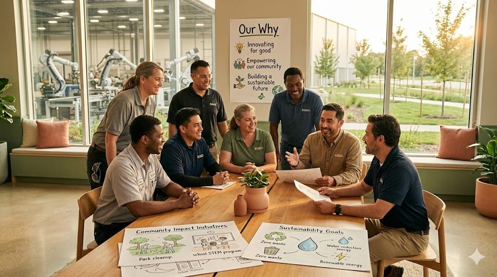A realistic, eye-level shot of a diverse team of manufacturing leaders and engineers gathered in a bright, modern breakroom with large windows overlooking a green landscape. They are gathered around a table with a large, hand-drawn "Our Purpose" poster on the wall behind them. The lighting is warm and golden, suggesting late afternoon. The palette is warm and inviting, using earthy tones like sage, terracotta, and warm wood, avoiding cold industrial grays.