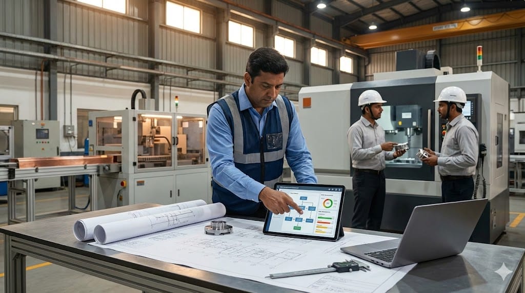Team of executives and engineers reviewing production plans and risk dashboards in a modern food or medical device manufacturing facility.