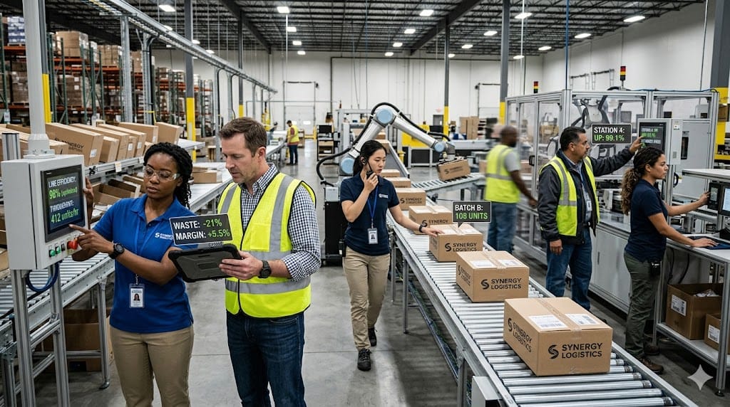 A cross-functional team optimizing operations on a production floor with visible efficiency improvements, illustrating successful delivery of margin expansion targets