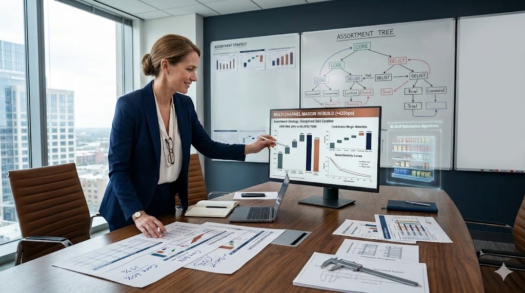 merchandising director executing assortment discipline to rebuild margins, analyzing SKU performance matrices in sophisticated analytics suite.