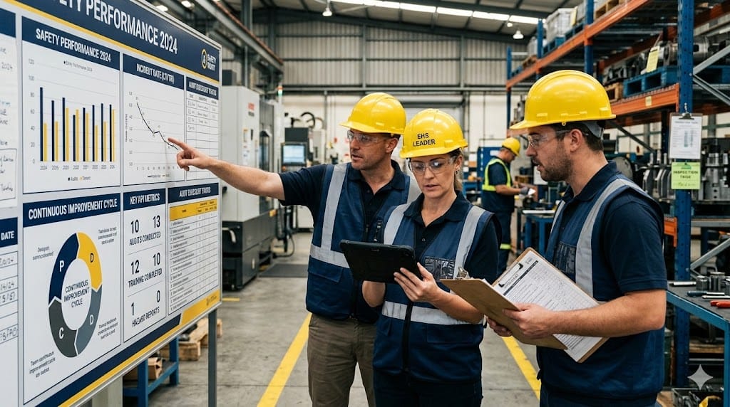 EHS leader reviewing safety KPI dashboard during factory audit with team in manufacturing facility