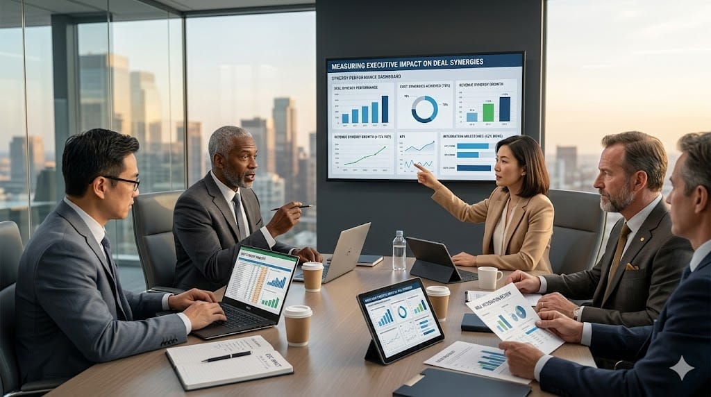 Senior executives analyzing merger synergy performance metrics on financial dashboards while discussing strategic integration outcomes after a corporate deal.
