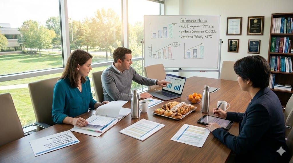 Medical affairs executives reviewing compensation analysis in sunlit pharmaceutical boardroom—printed reports show base salaries $240K-$350K, bonus ranges $50K-$140K, and equity structures on wooden table with coffee mugs and laptops.