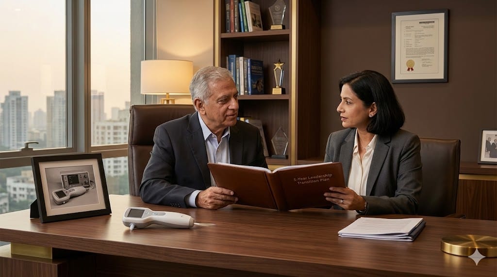 Medical device company founder in discussion with next-generation executive in a private office, symbolizing leadership succession and long-term strategic continuity.