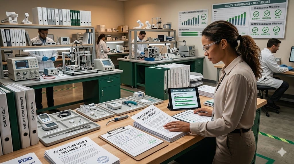 Quality assurance specialist reviewing medical device regulatory compliance documents including FDA and EU MDR certifications inside a medical device testing laboratory.